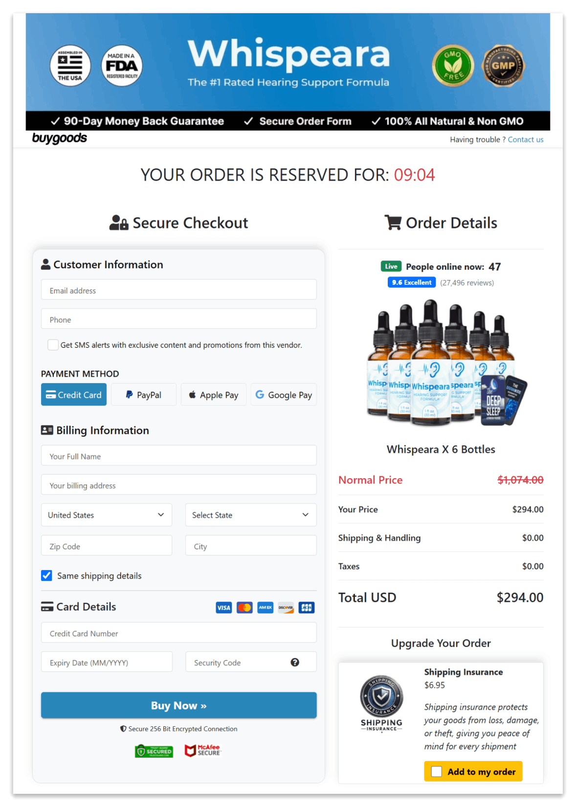Whispeara Secure Checkout Page