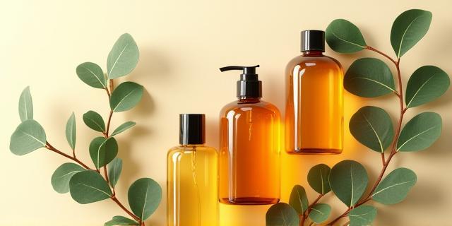 Assorted amber glass cosmetic bottles with eucalyptus leaves
